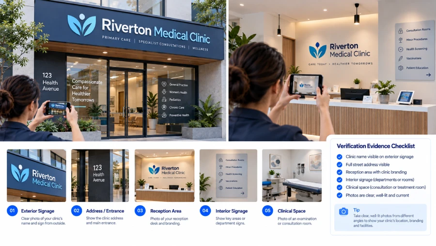An authorized clinic manager prepares exterior signage and reception-area evidence for profile verification