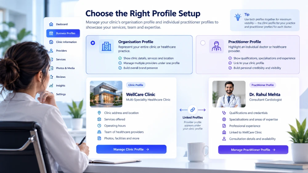 Clinic manager reviews organization and practitioner profile options beside separate clinic and provider cards