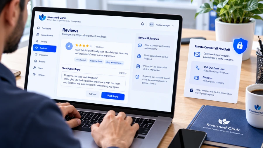 Practice manager drafts a public reply to a review on a laptop while a separate private-contact card sits beside it, with a simple privacy shield icon